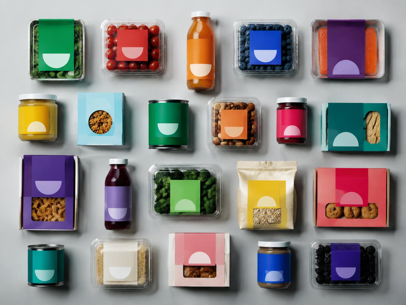 Grid of redesigned supermarket product packaging